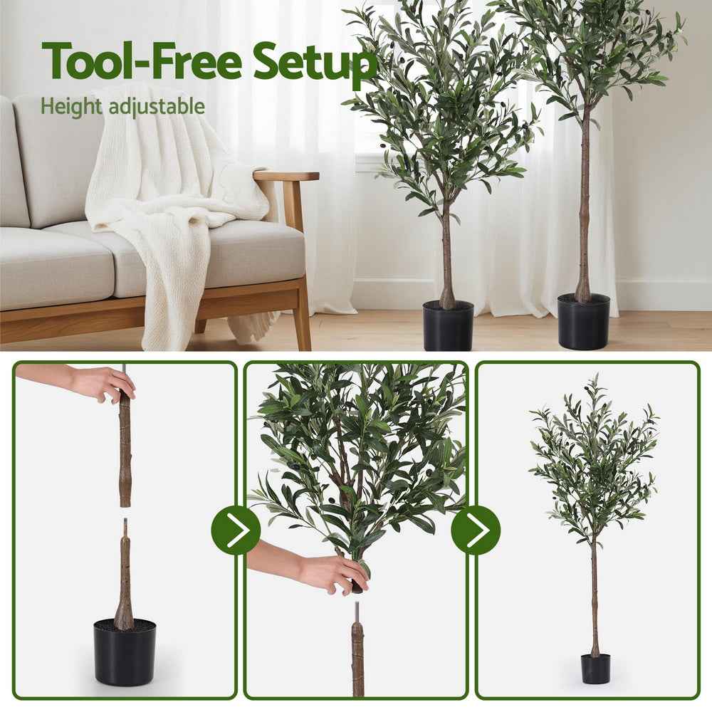 Artificial olive tree with green leaves in a black pot, lifelike faux foliage