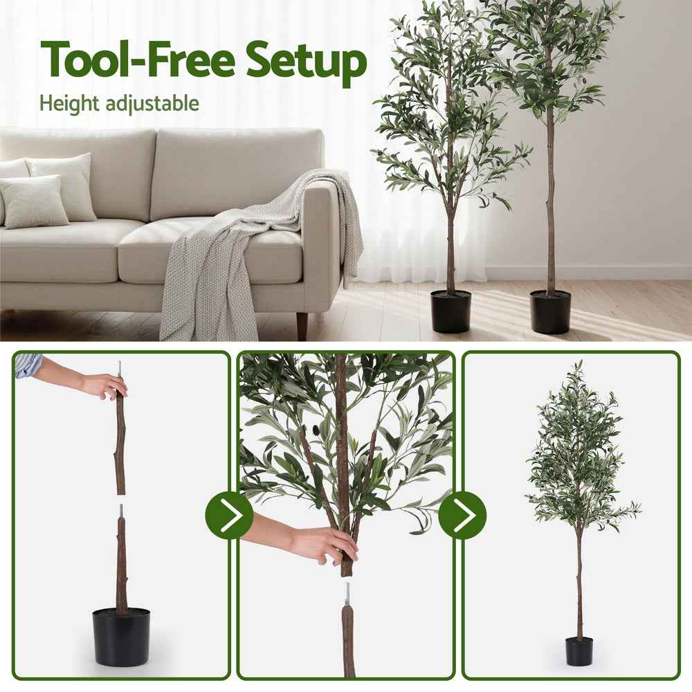 Artificial olive tree with adjustable setup shown: trunk inserted into black pot