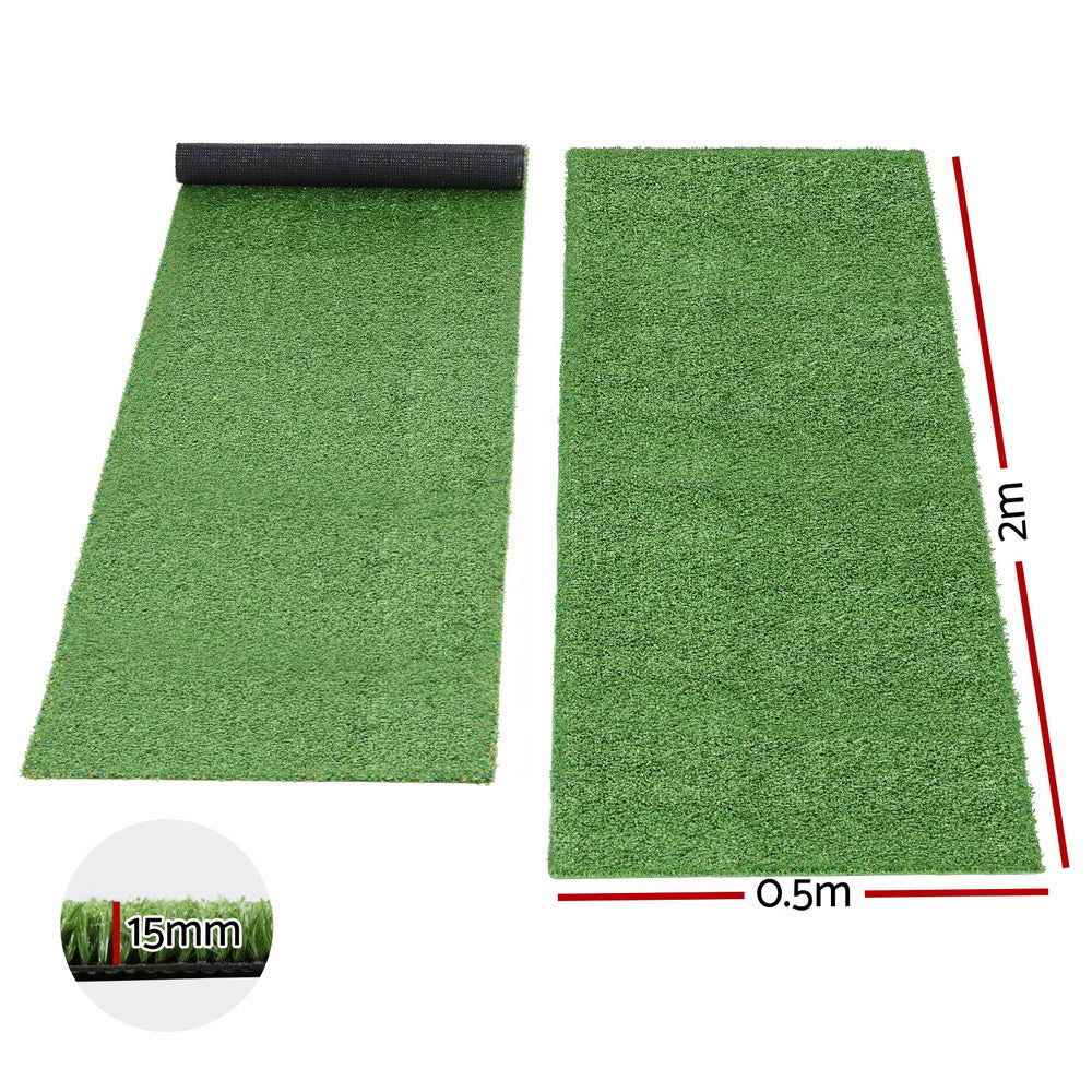 Two green artificial grass turf mats with rolled edge, approx. 0.5m x 2m