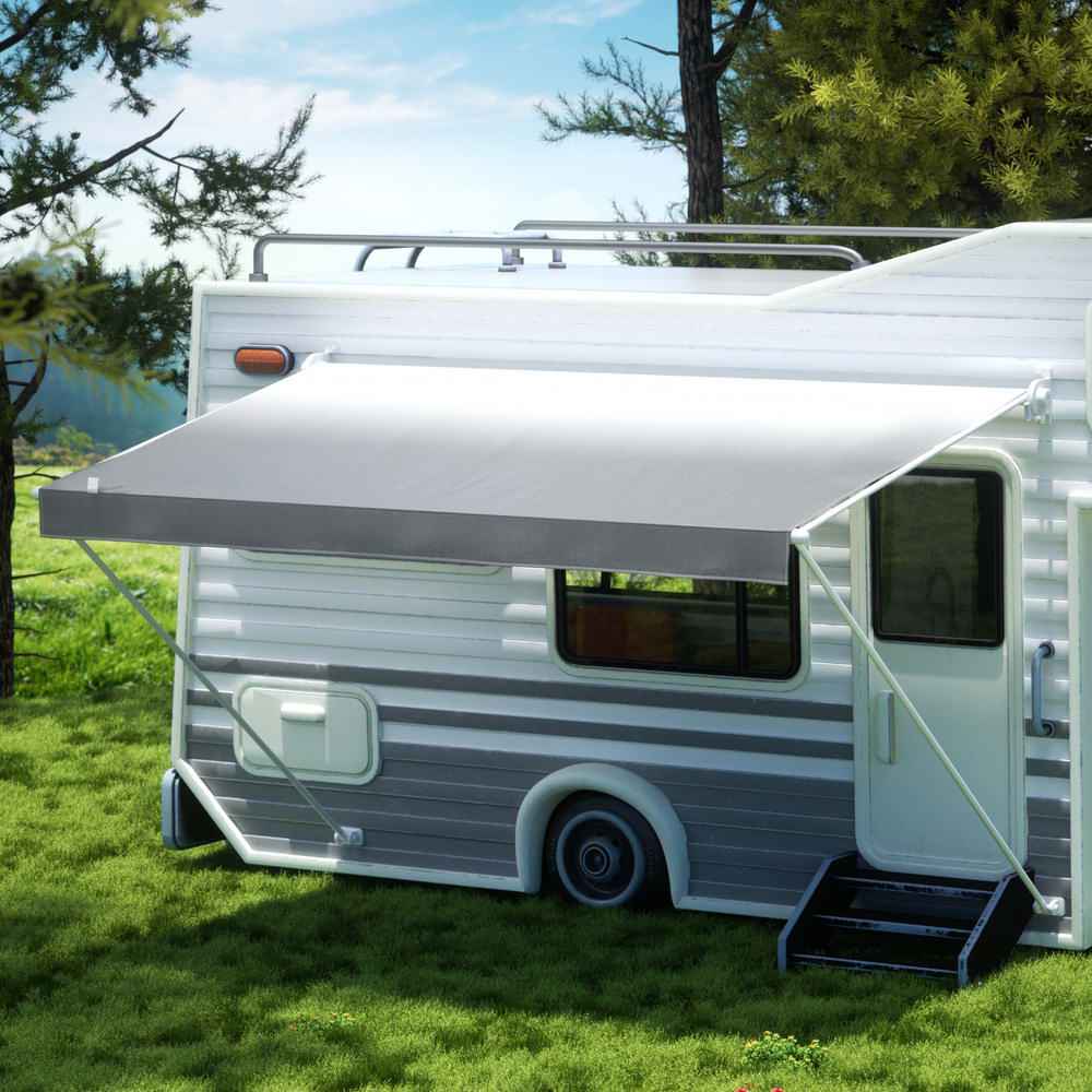 RV caravan awning replacement fabric mounted on camper roof, light gray