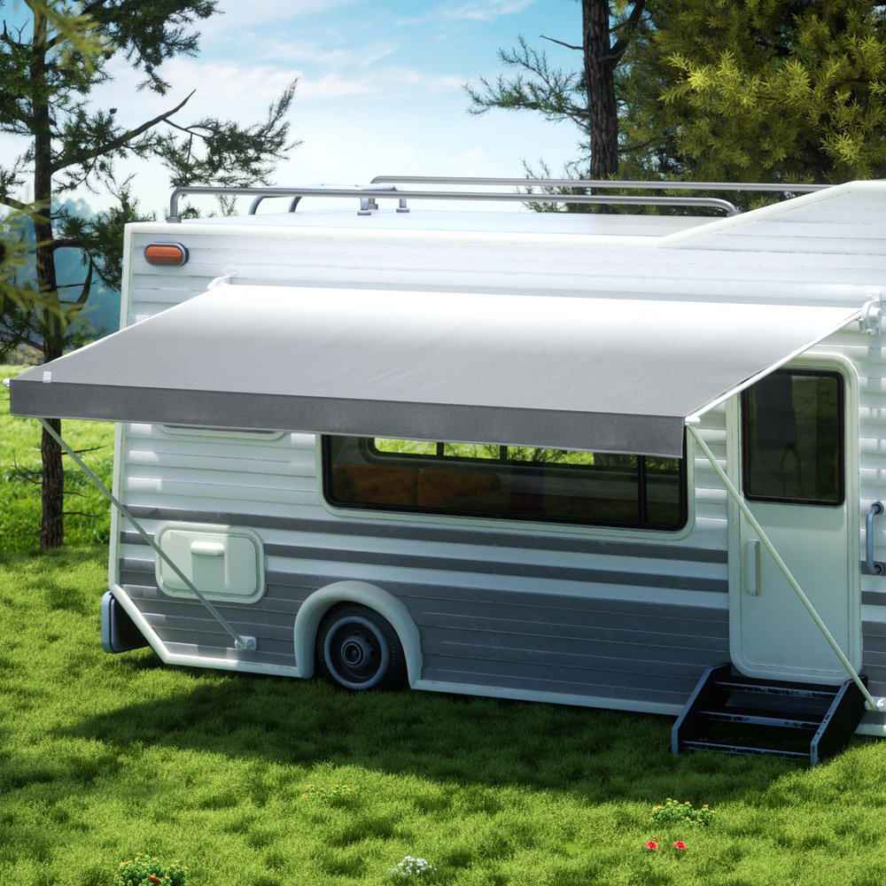 RV awning replacement fabric mounted on a caravan, light gray canopy