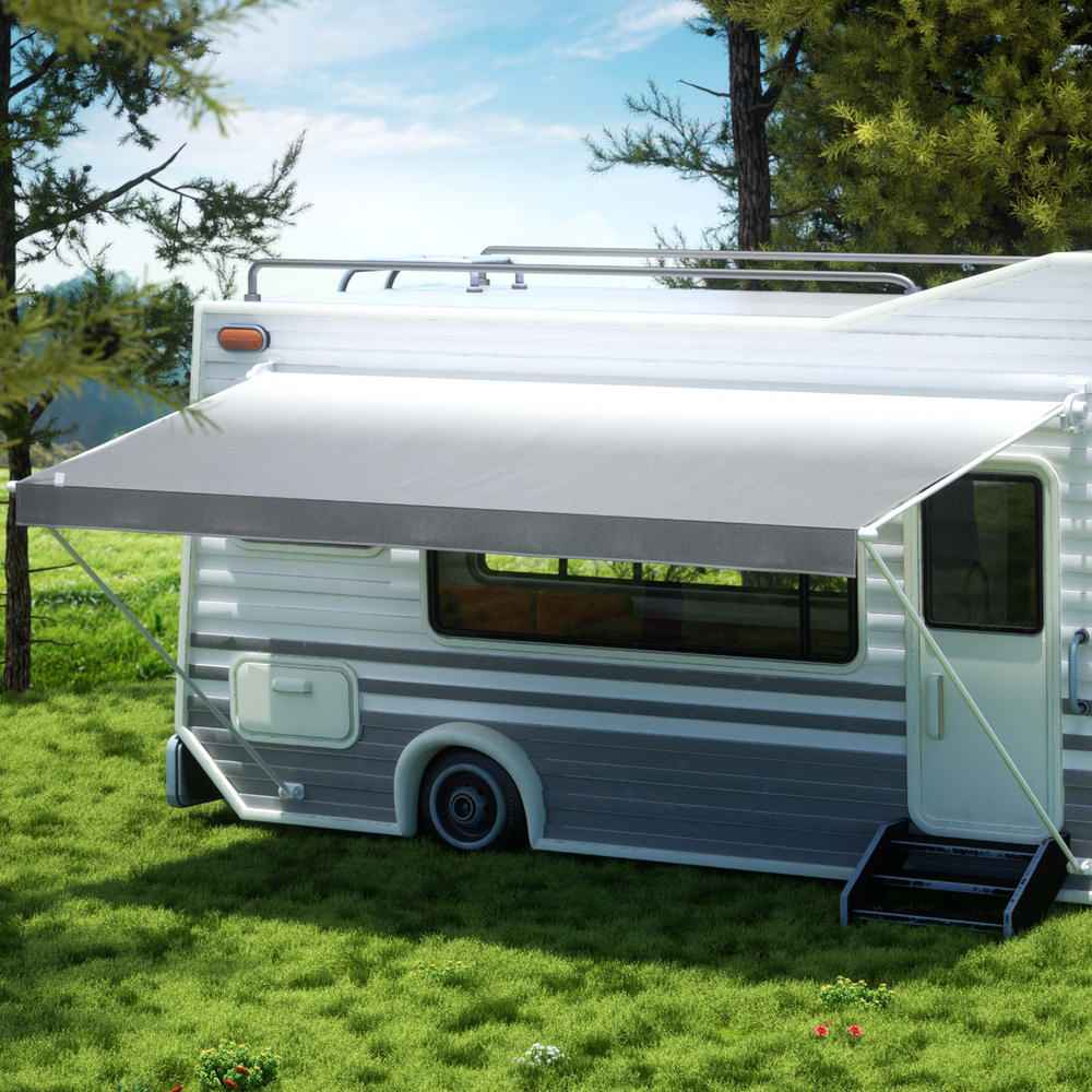 RV awning replacement fabric, light gray awning panel on an RV