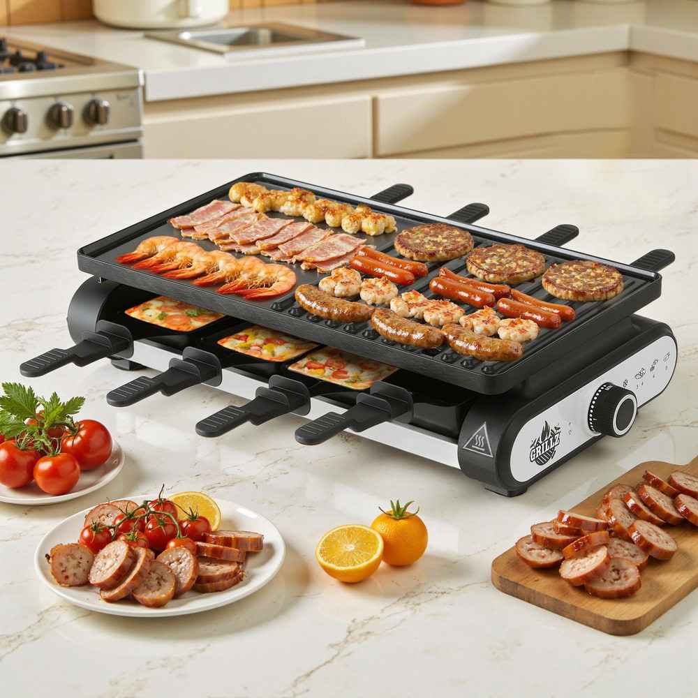 Electric BBQ grill with cooked food on ribbed plate and side control knob, dark gray