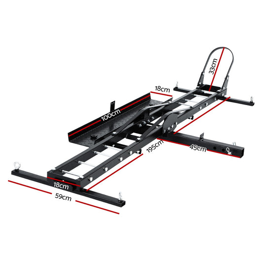 Motorcycle towbar carrier ramp with black steel frame and side arms