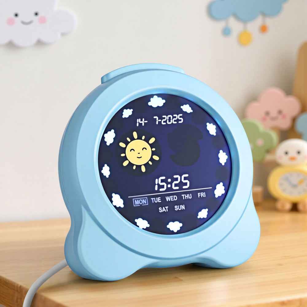 Blue digital day clock on a tabletop, LCD shows time and calendar with sun and clouds