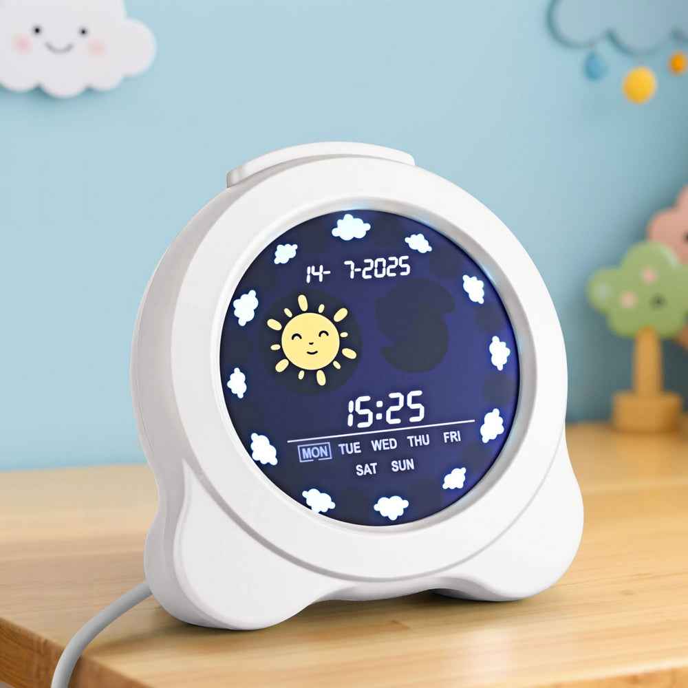White digital day clock with LCD showing sun icon, date, and time on dark screen