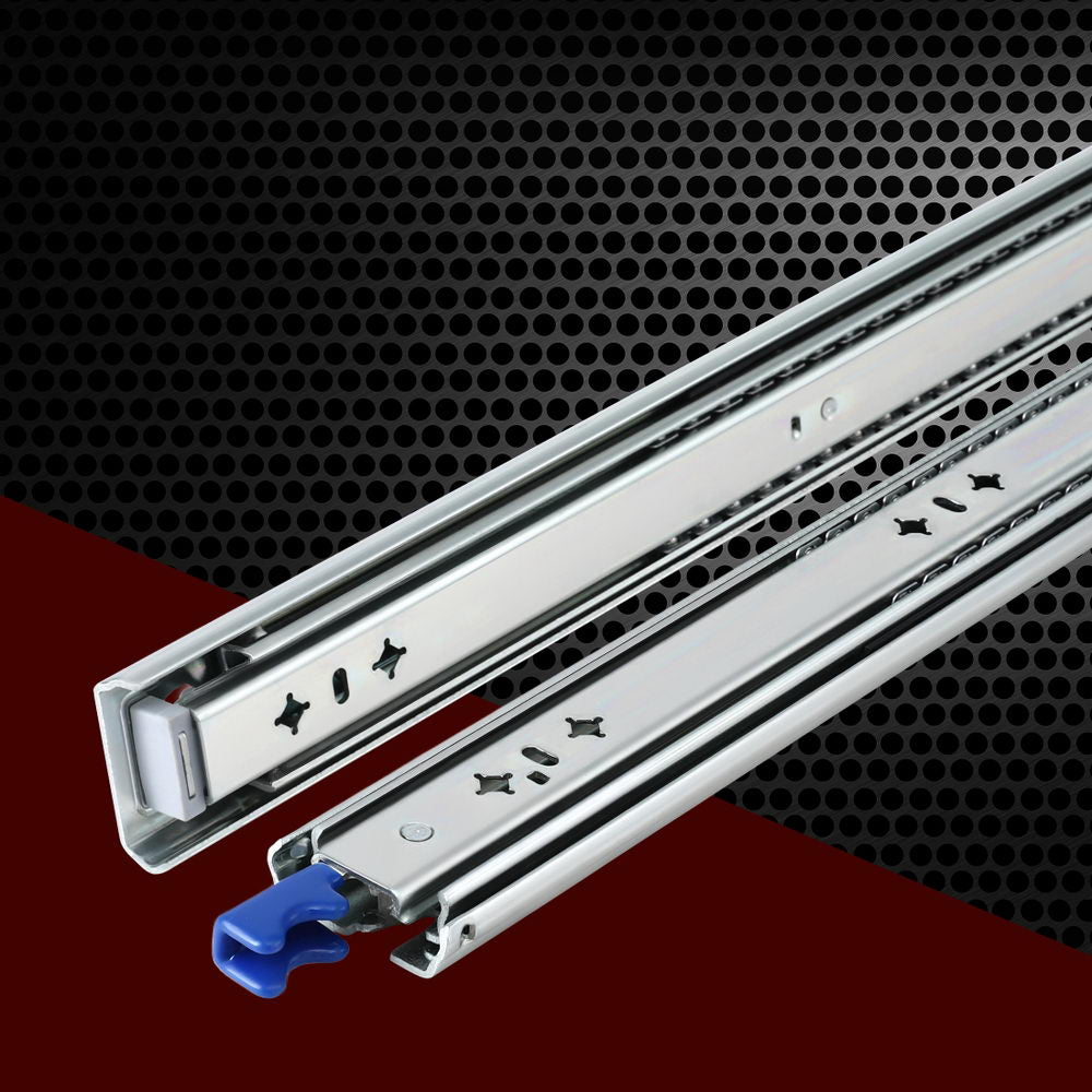 Heavy-duty drawer slide rails with blue lever and evenly spaced mounting holes