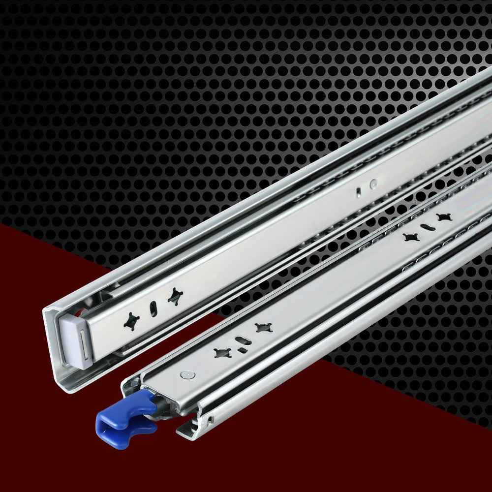 Drawer slide rails with perforated track channels and blue release handle