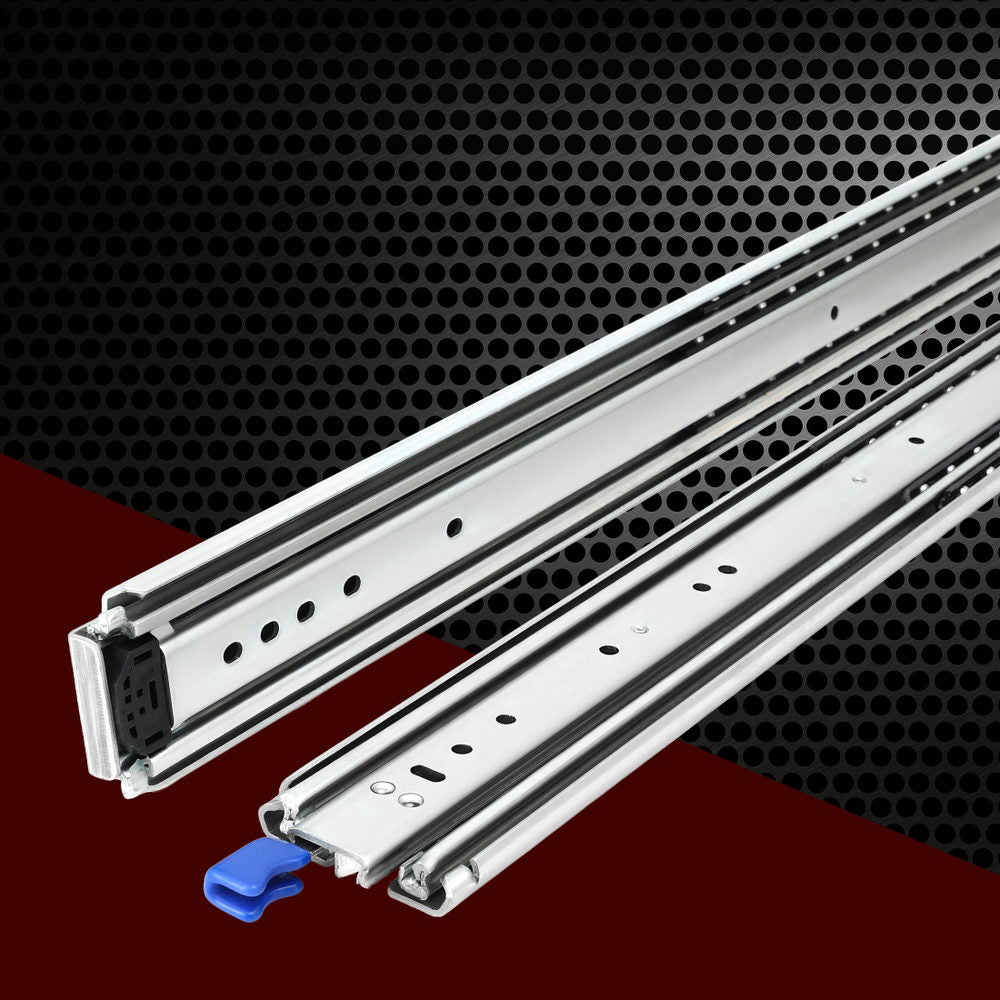 Drawer slide rails with black center stop and blue latch for locking motion