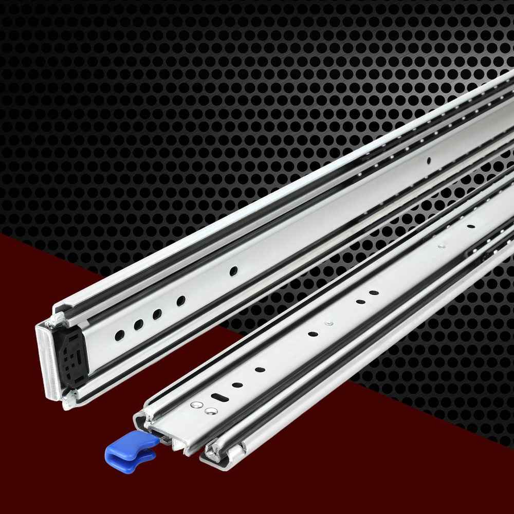 Drawer slide rails with perforated track, blue latch and black stopper