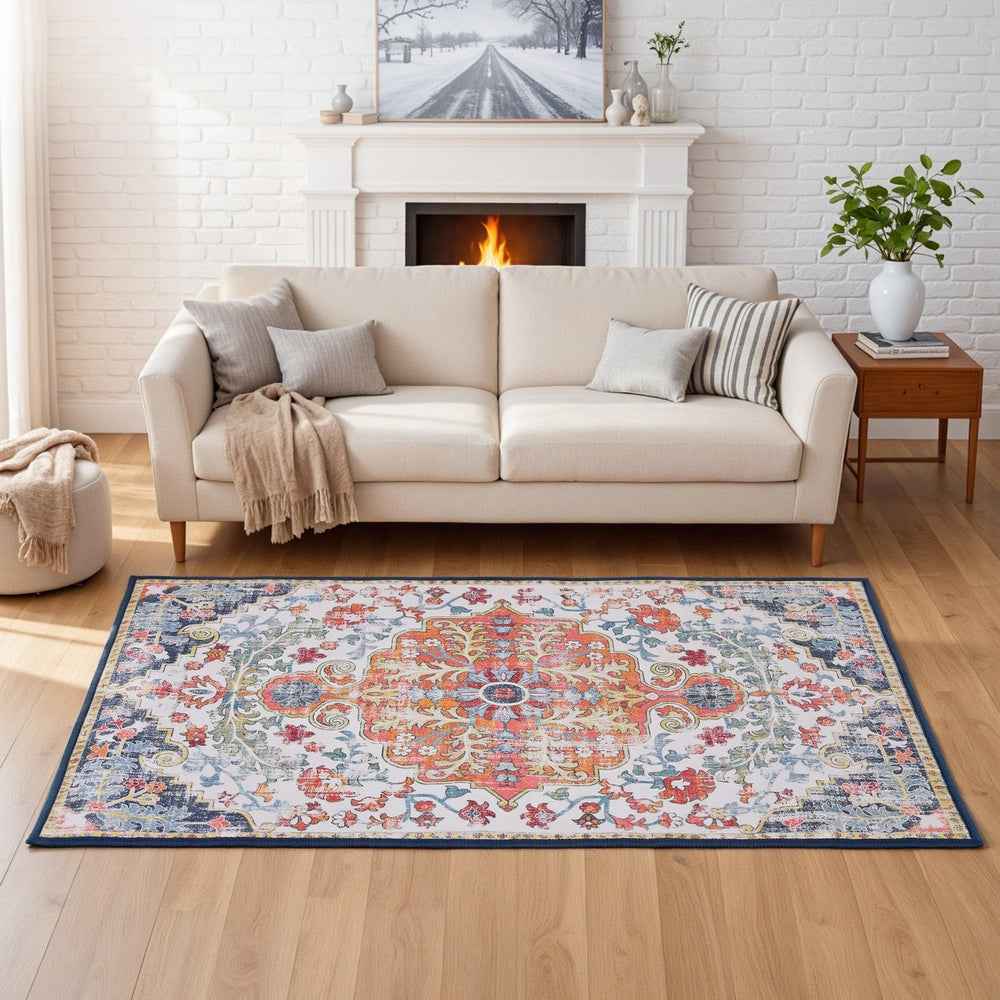 Large rectangular area rug with multicolor medallion design and dark border