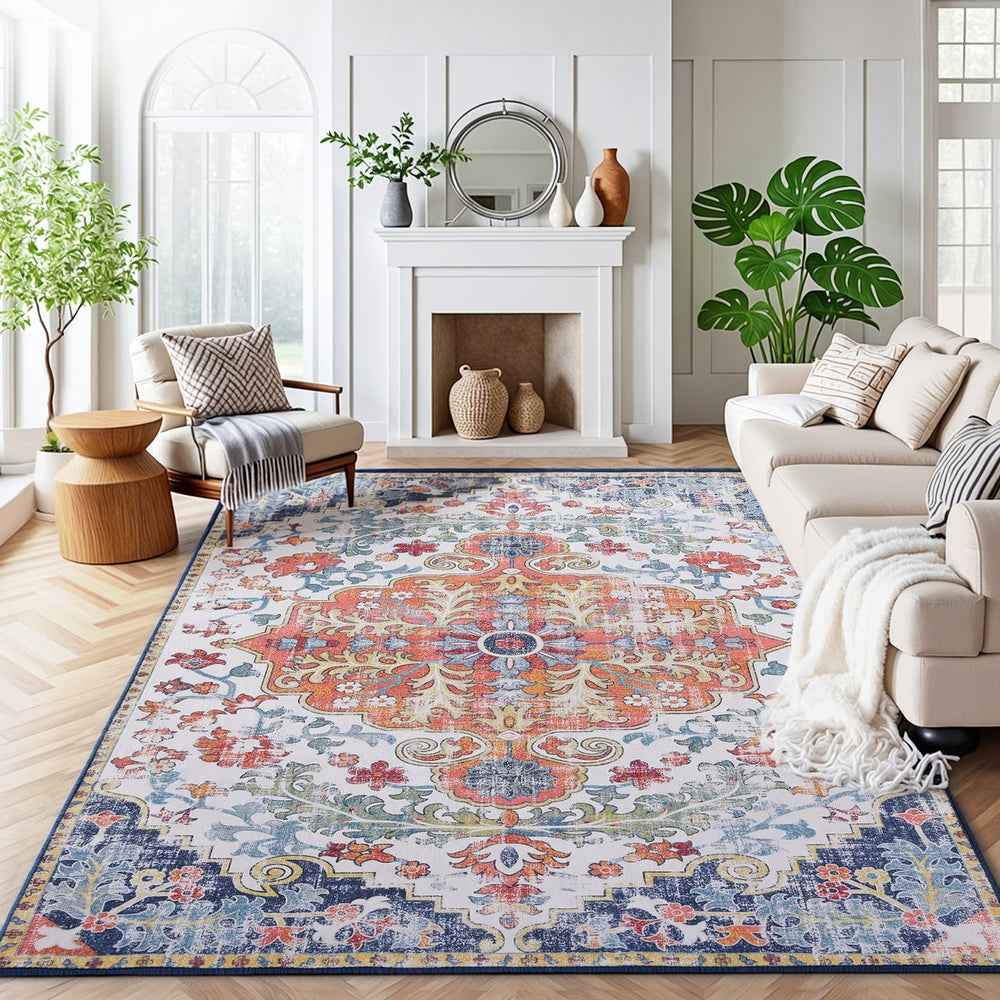 Large decorative area rug with vintage medallion design, multicolor motifs and blue border