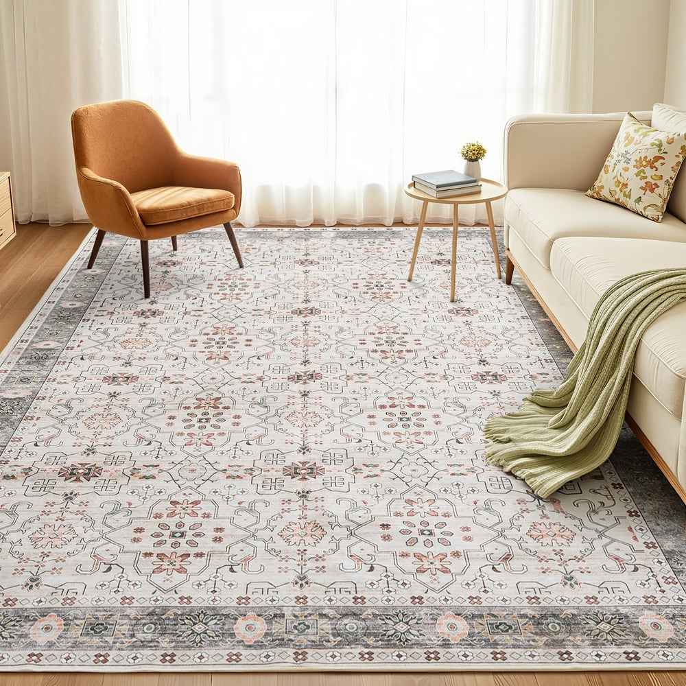 Large area rug with light cream geometric pattern and multicolor bordered edge