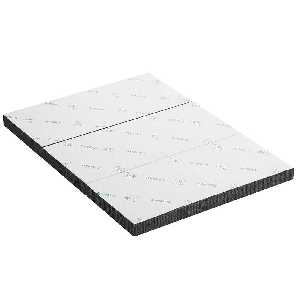 Foldable double foam mattress, light gray patterned top with black perimeter trim.