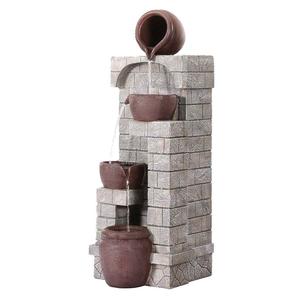 Stone-look 4-tier solar fountain with brown stacked pots and top water opening