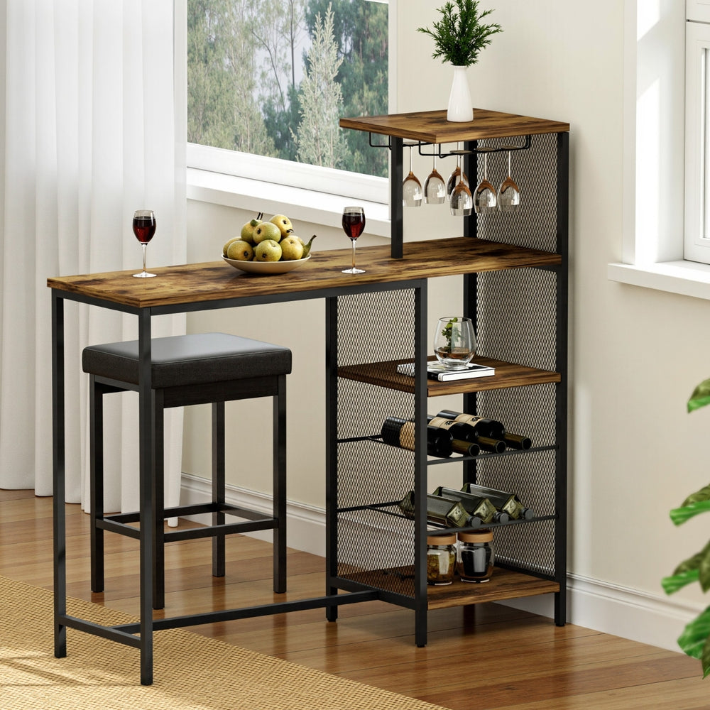 Artiss Industrial Bar Table with Wine Rack Cup Holder Multi-Level Storage 122cm Walnut
