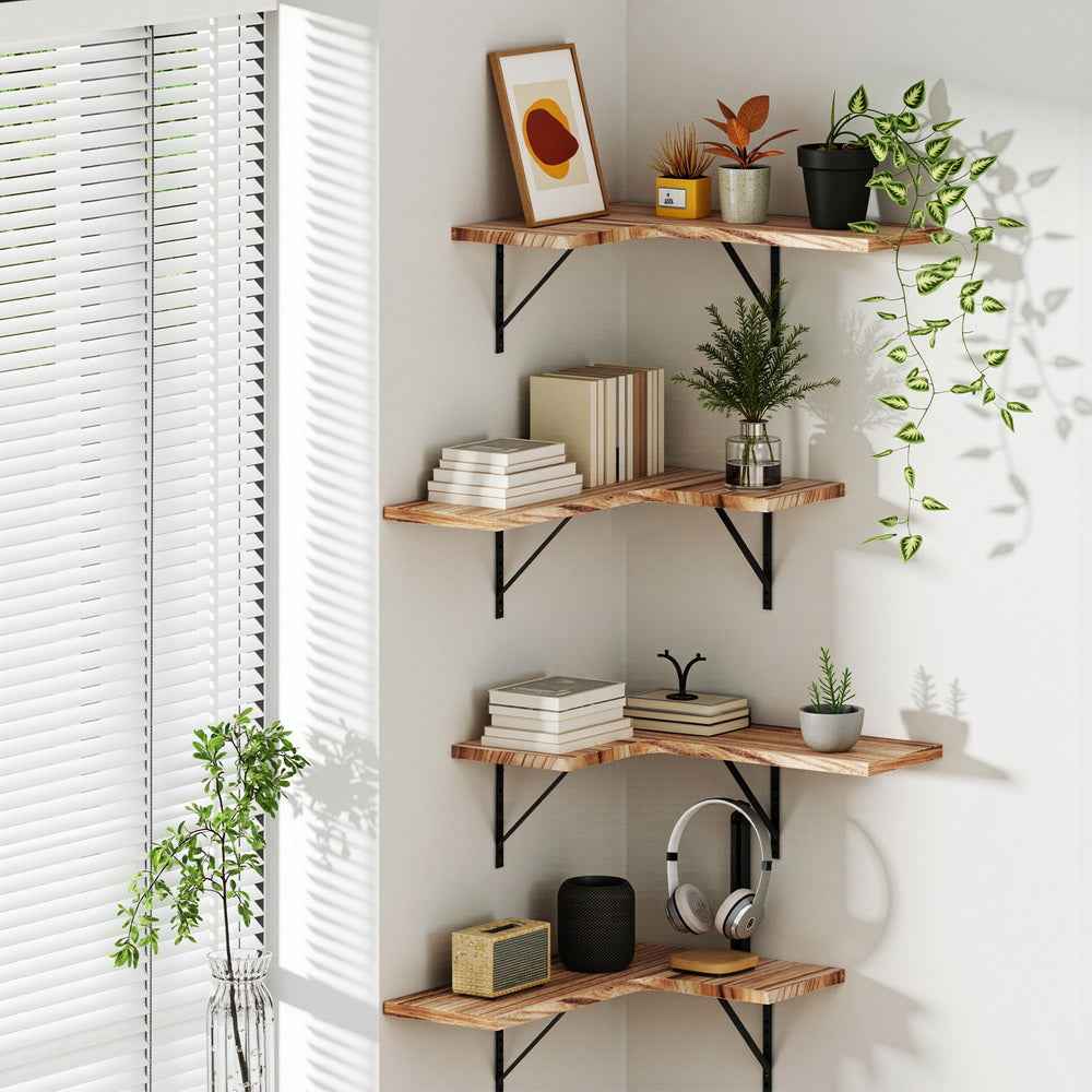 Wall-mounted corner shelves with light wood shelves and black metal supports