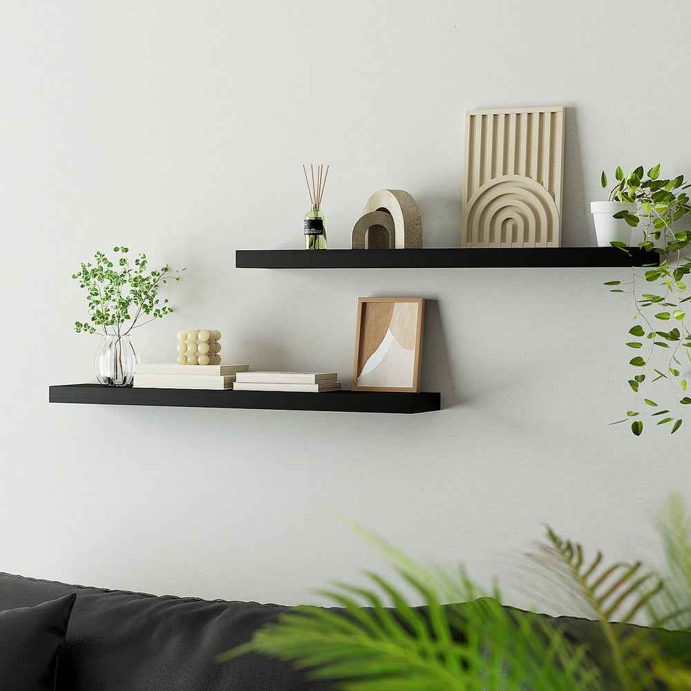 Black floating wall shelf set of 2 on wall, slim rectangular shelves
