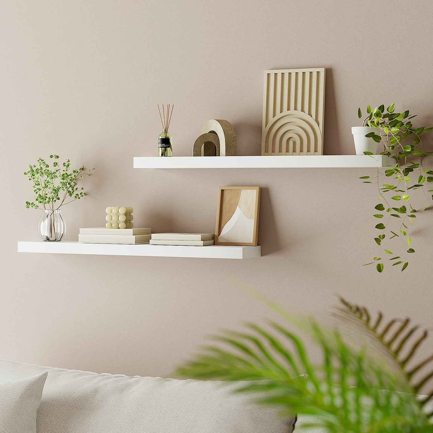 Artiss white floating wall shelf set of 2 with decor items on wall shelves