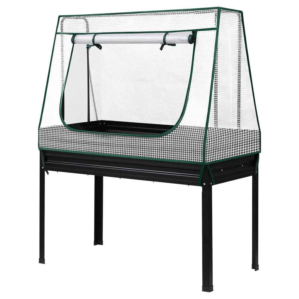 Raised metal garden bed with mesh mini greenhouse cover and green-trim edges, no plants