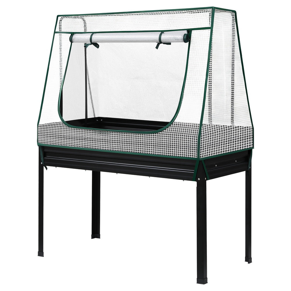 Side view of raised metal garden bed with mini greenhouse cover and hanging plant net tray