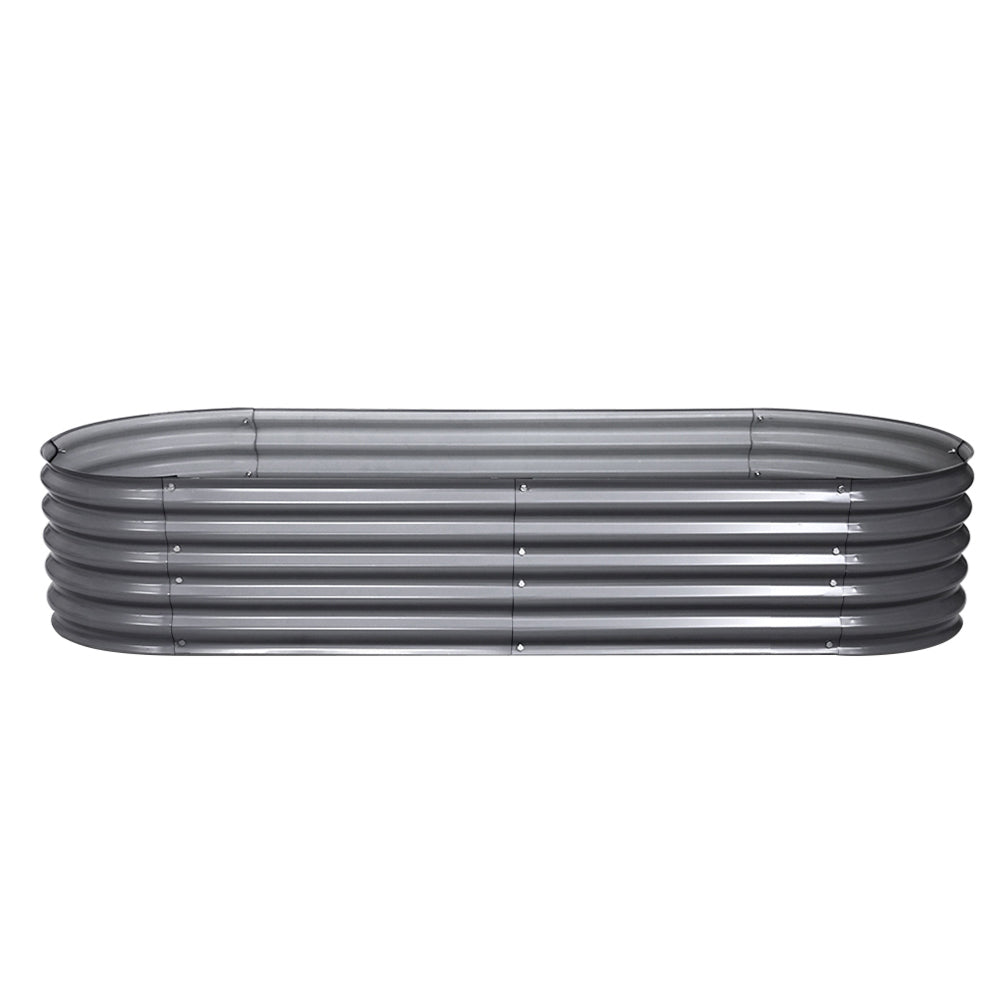 Oval raised garden bed planter box with smooth rim and ribbed dark grey metal sides