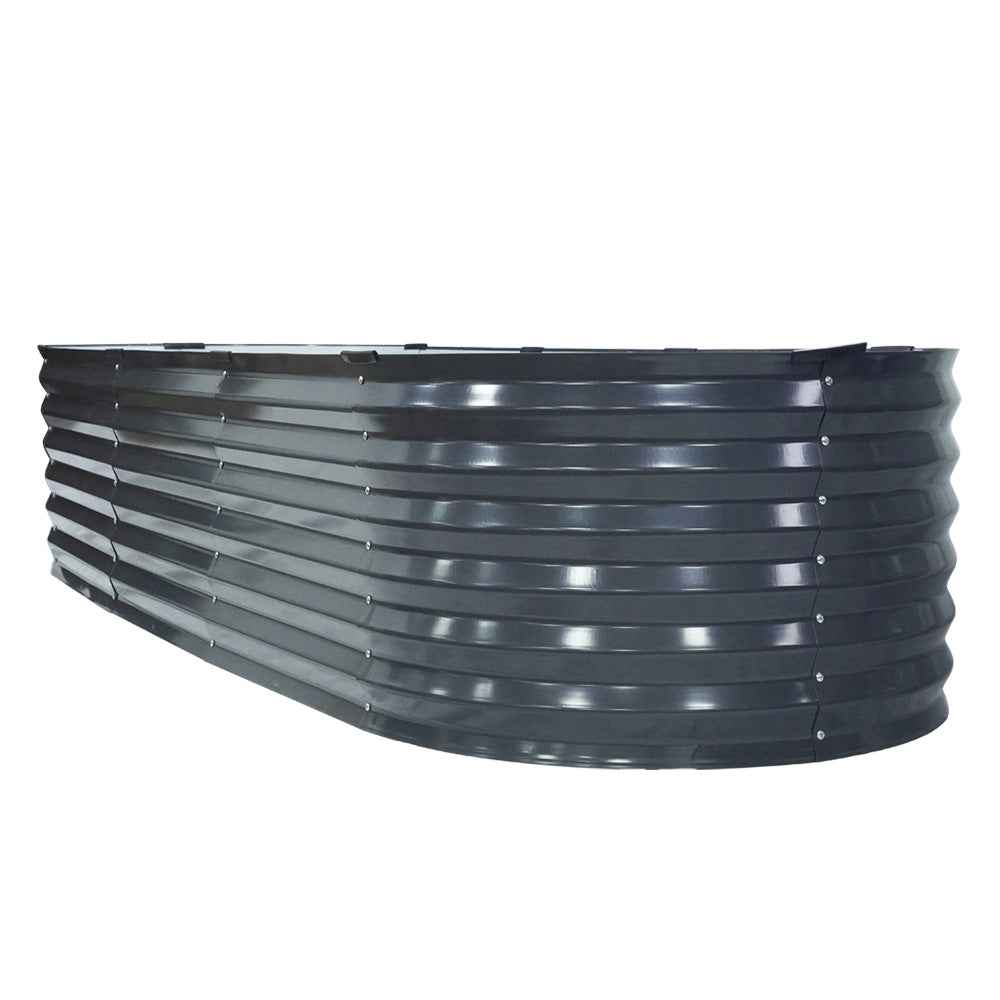 Dark grey oval raised planter box side section with ridged metal panels and fixing points
