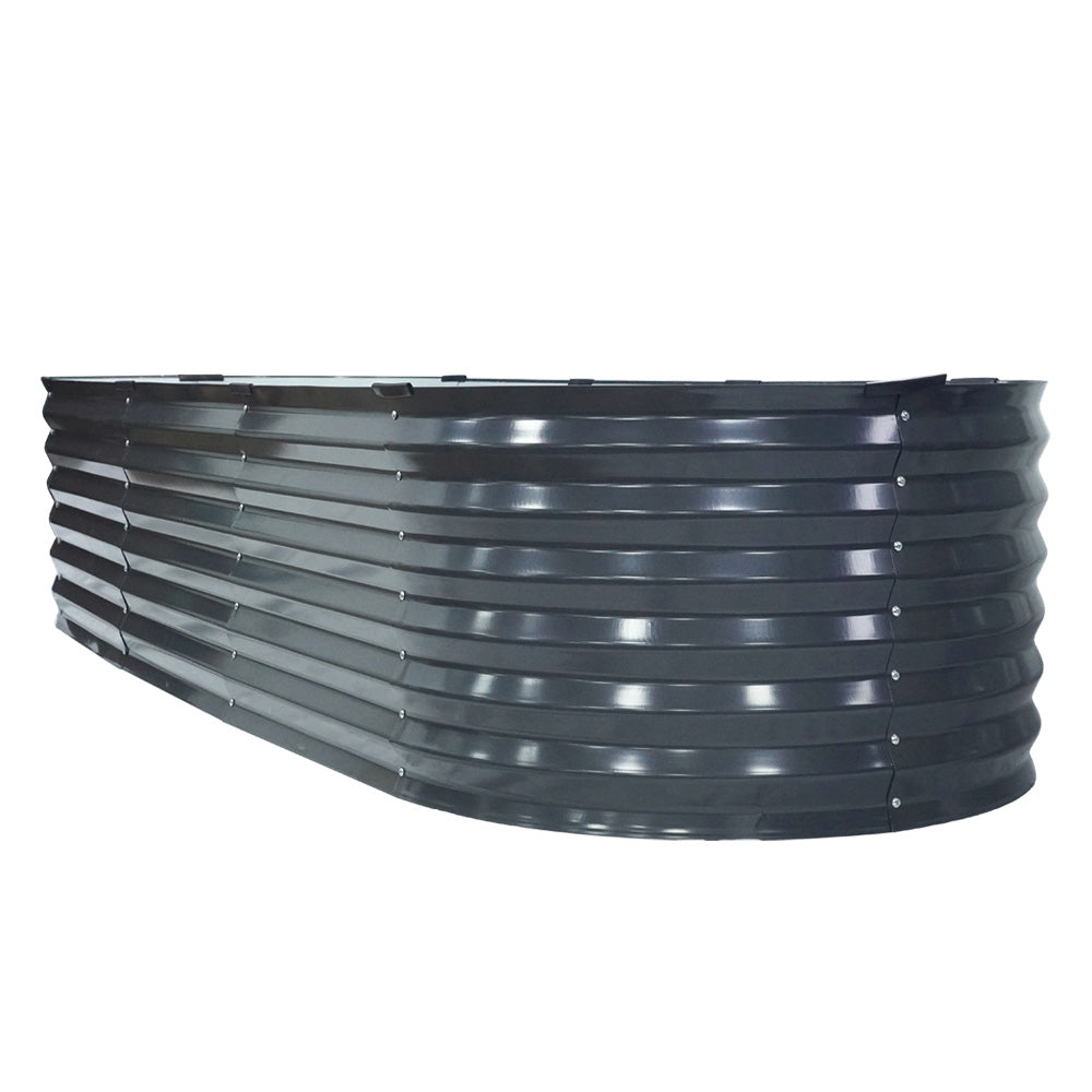 Oval raised metal planter box with dark gray ribbed slatted sides