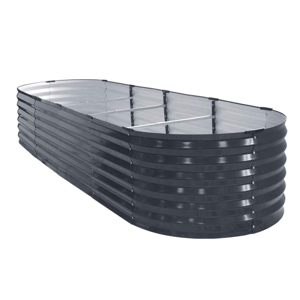 Empty oval raised garden bed planter box with dark-grey ribbed steel side rails