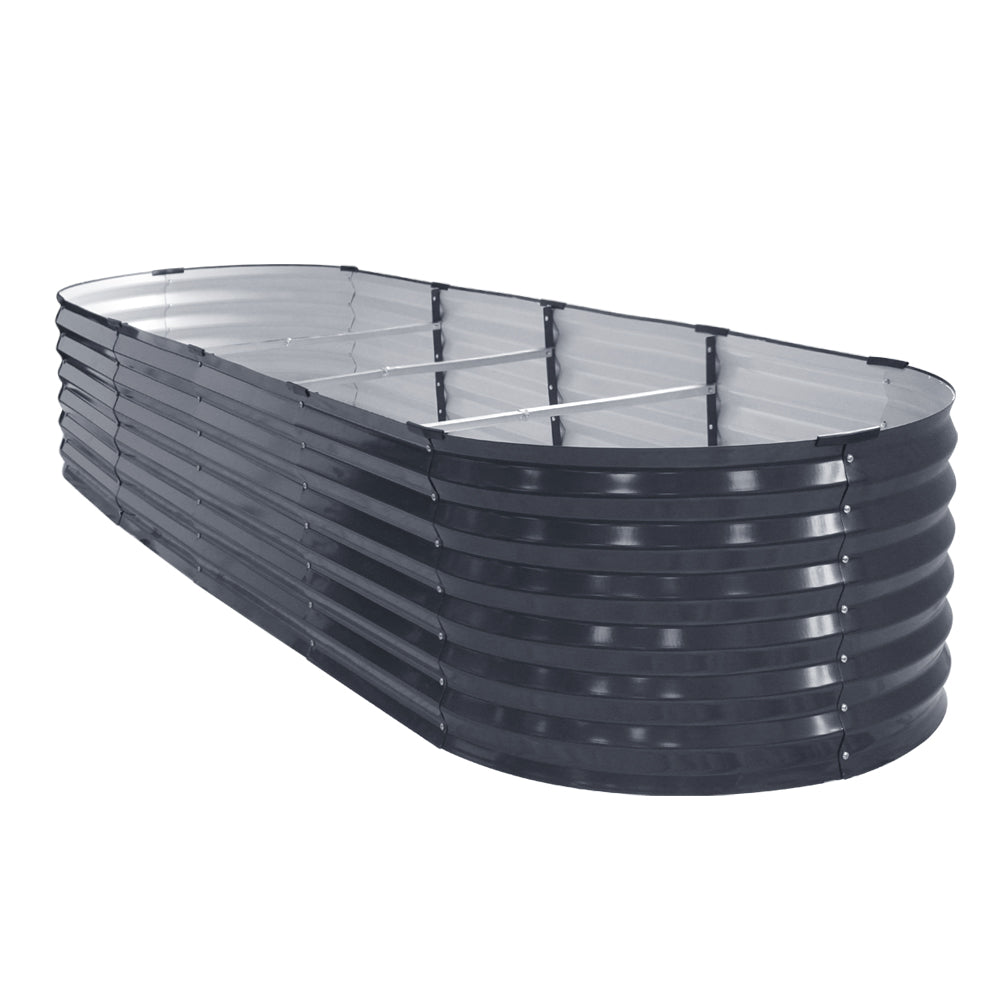 Oval raised garden bed planter box, dark grey ribbed steel, open interior with supports