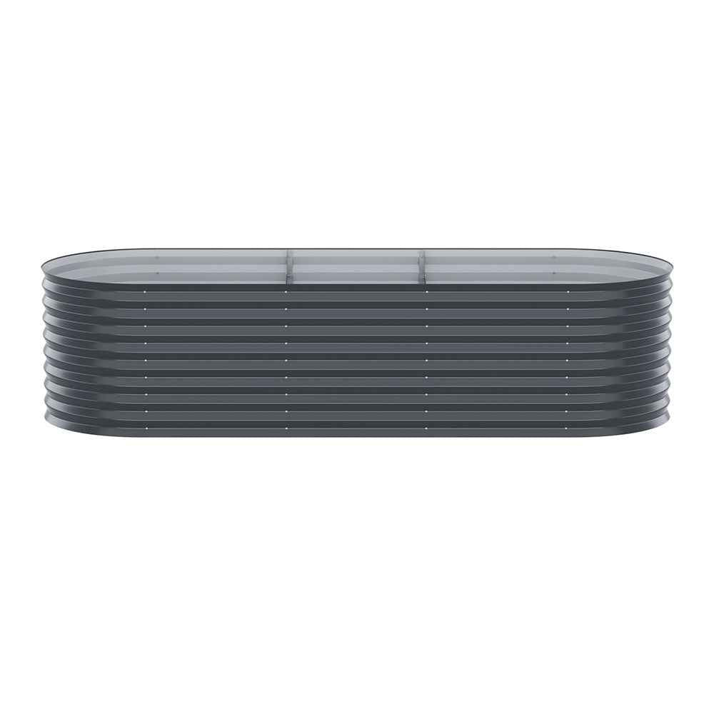 Oval raised garden bed kit in dark grey ribbed galvanized steel with open planting surface