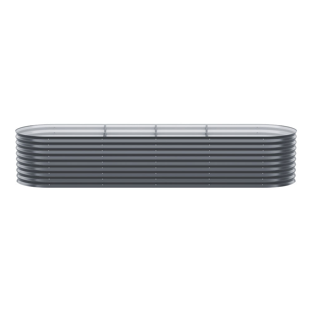 Dark gray oval raised planter box with slatted sides and central support bars