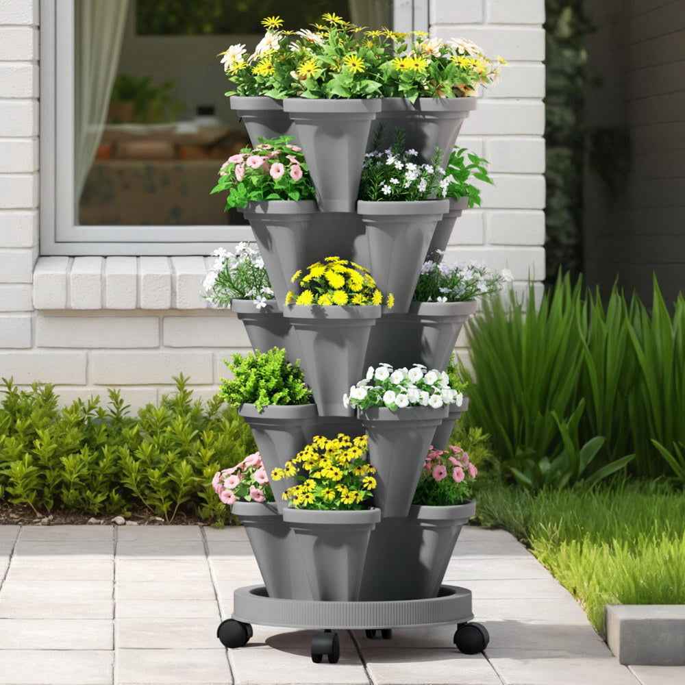 5-tier vertical stackable planter with grey pots and flowering plants on caster base