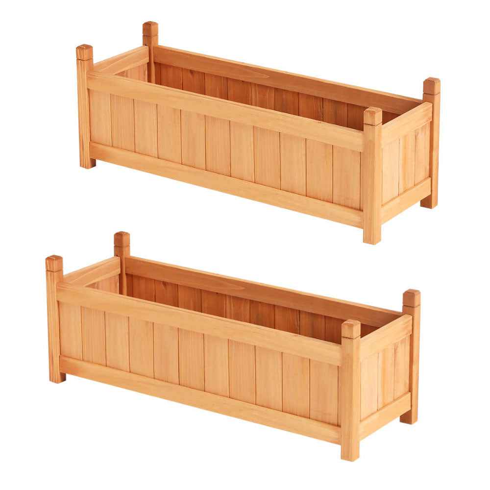 Wooden raised planter bed set with slatted sides and corner posts, two views