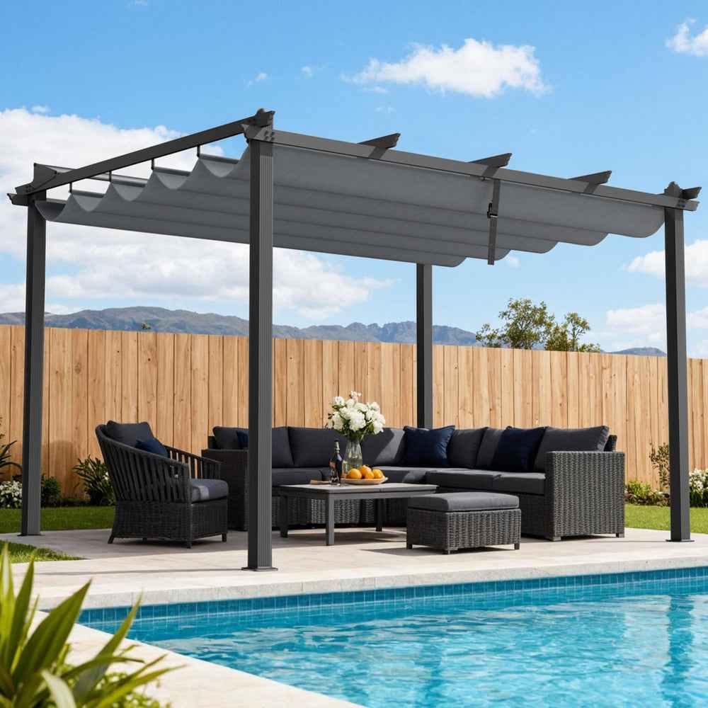 Grey adjustable canopy pergola with aluminum frame, slatted roof and four posts
