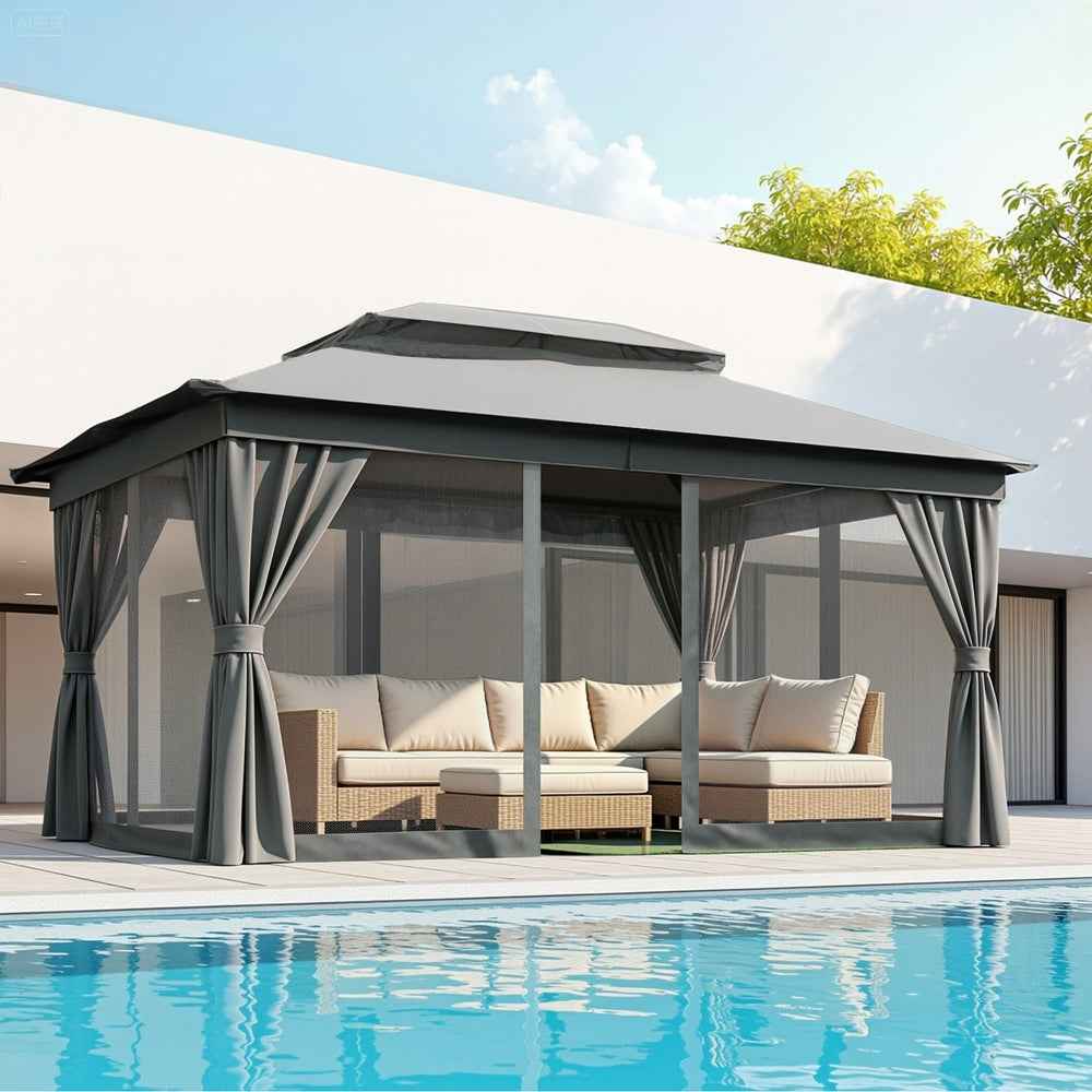 Grey outdoor gazebo with canopy and curtain panels over patio seating by a pool