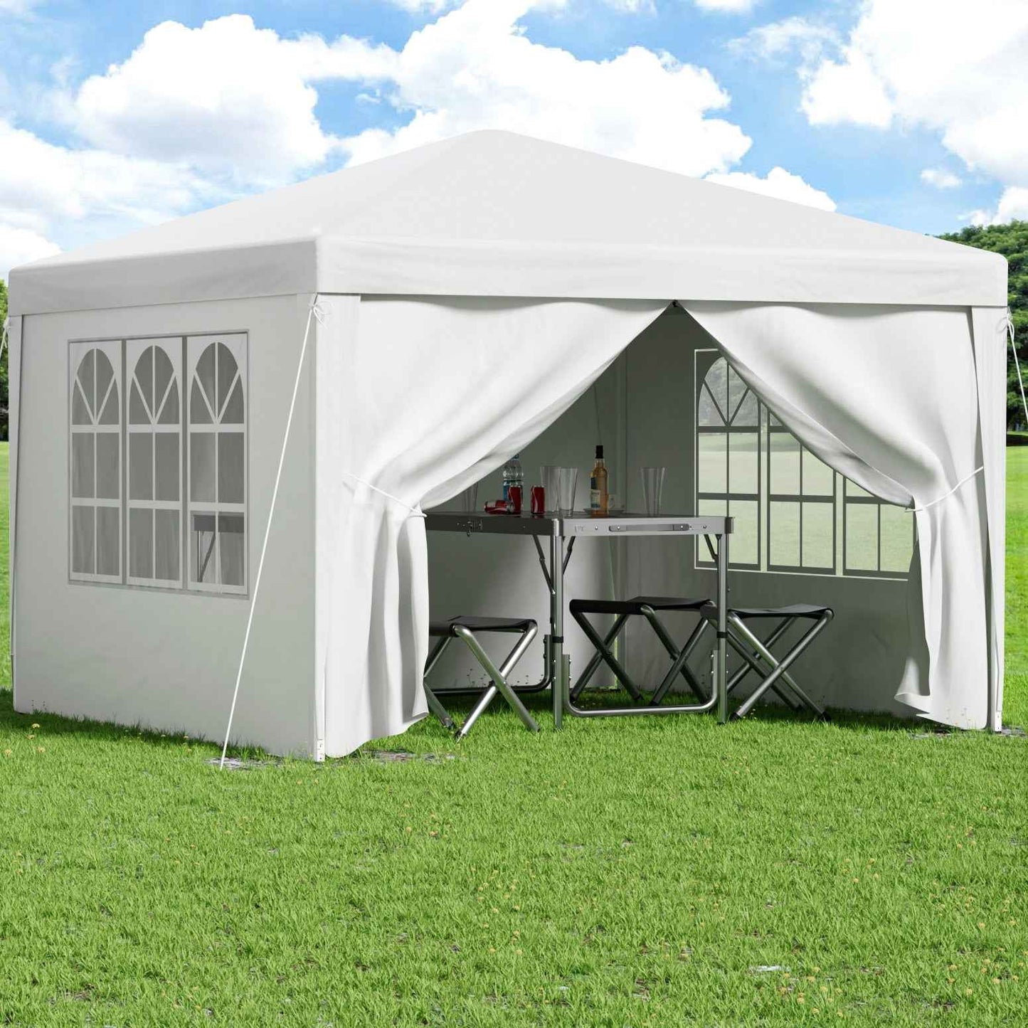 White pop up gazebo with open side curtains and peaked roof over lawn