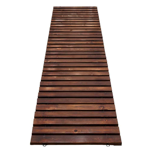 Wooden garden pathway slats, straight roll-out mat, dark brown.