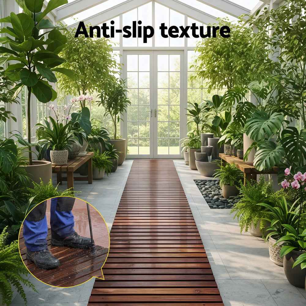 Wooden garden pathway with anti-slip slat surface, laid in greenhouse.