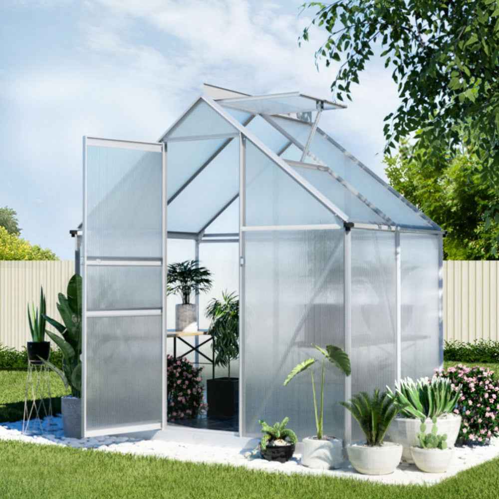 Aluminium polycarbonate greenhouse storage shed with clear doors and slanted roof