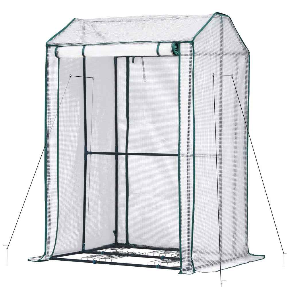 Mini greenhouse with clear PE cover and dark-green frame, zippered door panels closed
