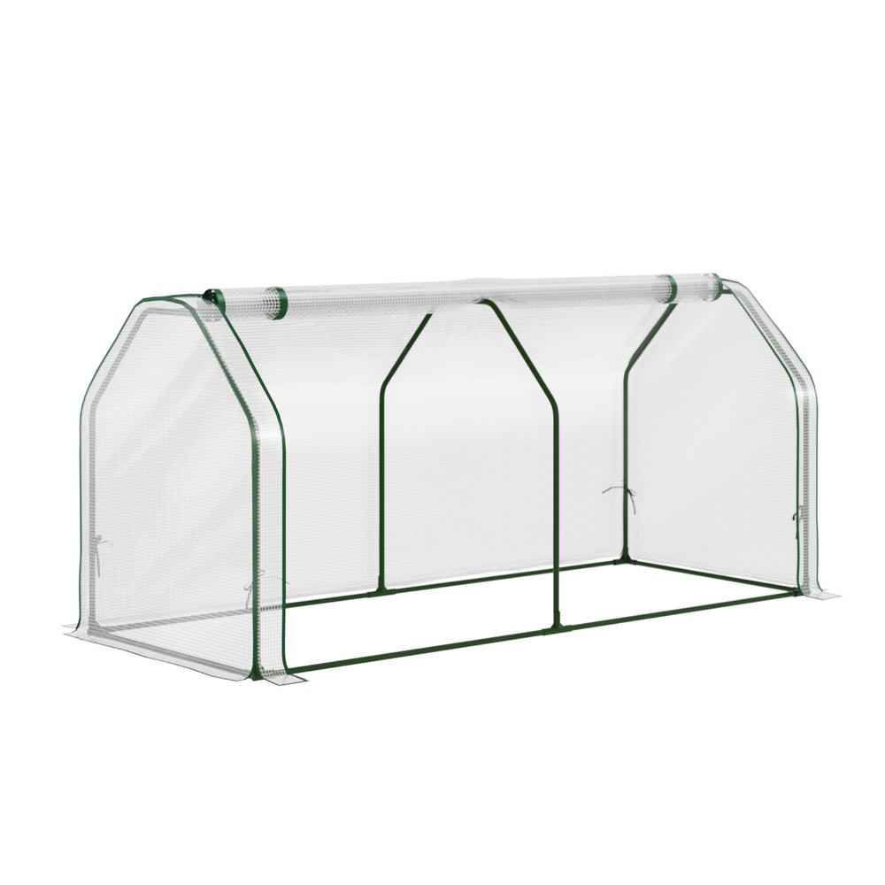 Mini greenhouse PE cover with arched frame, green supports, clear translucent sides