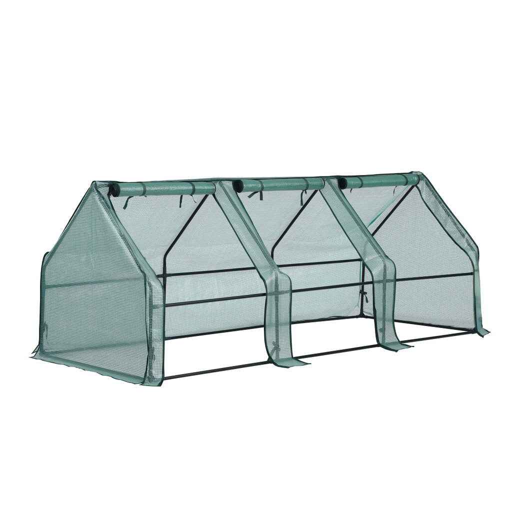 Mini greenhouse with green steel frame and translucent mesh panels, side door opening