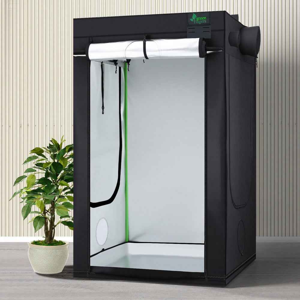 Hydroponics grow tent with black outer cover, white interior lining, and green pole supports