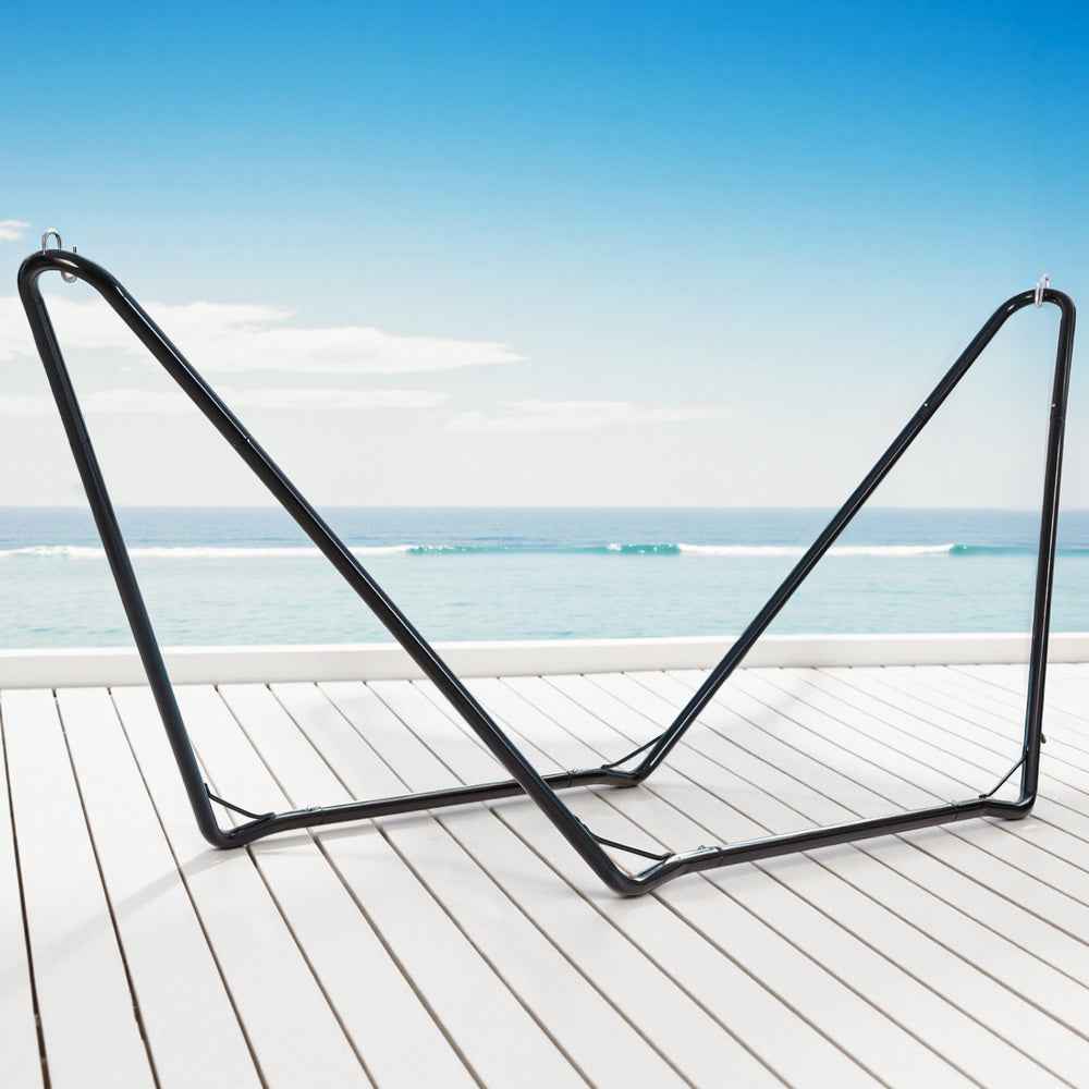 Black steel hammock stand with two end posts and angled support arms
