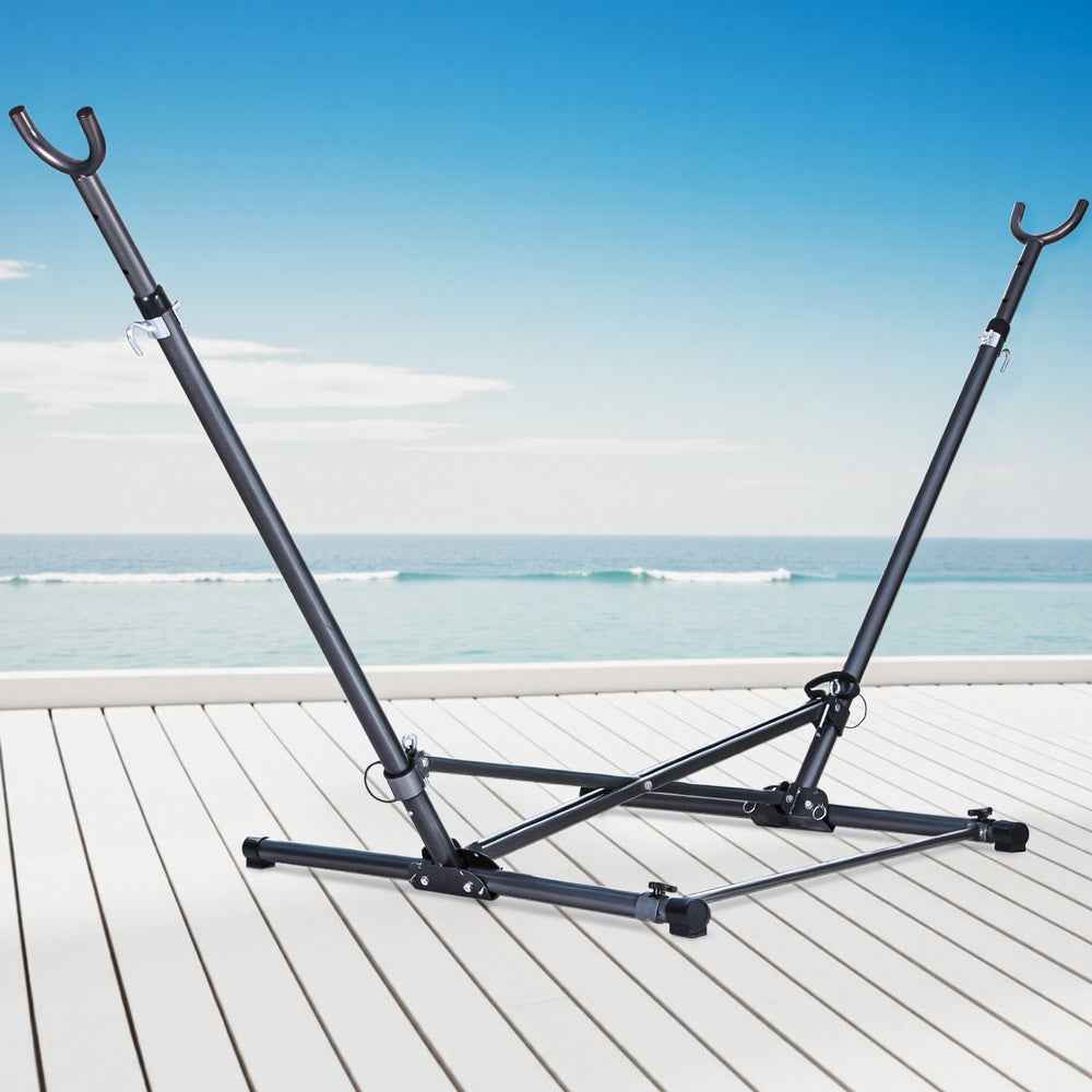Black steel hammock bed stand with rubber feet and U-shaped hanging hooks