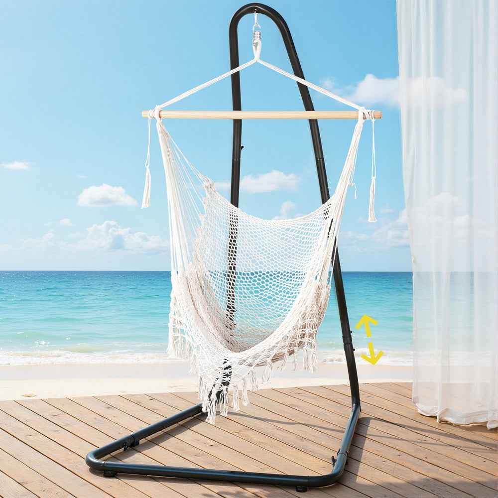 Black steel hammock chair with white hanging hammock net and height adjustment.