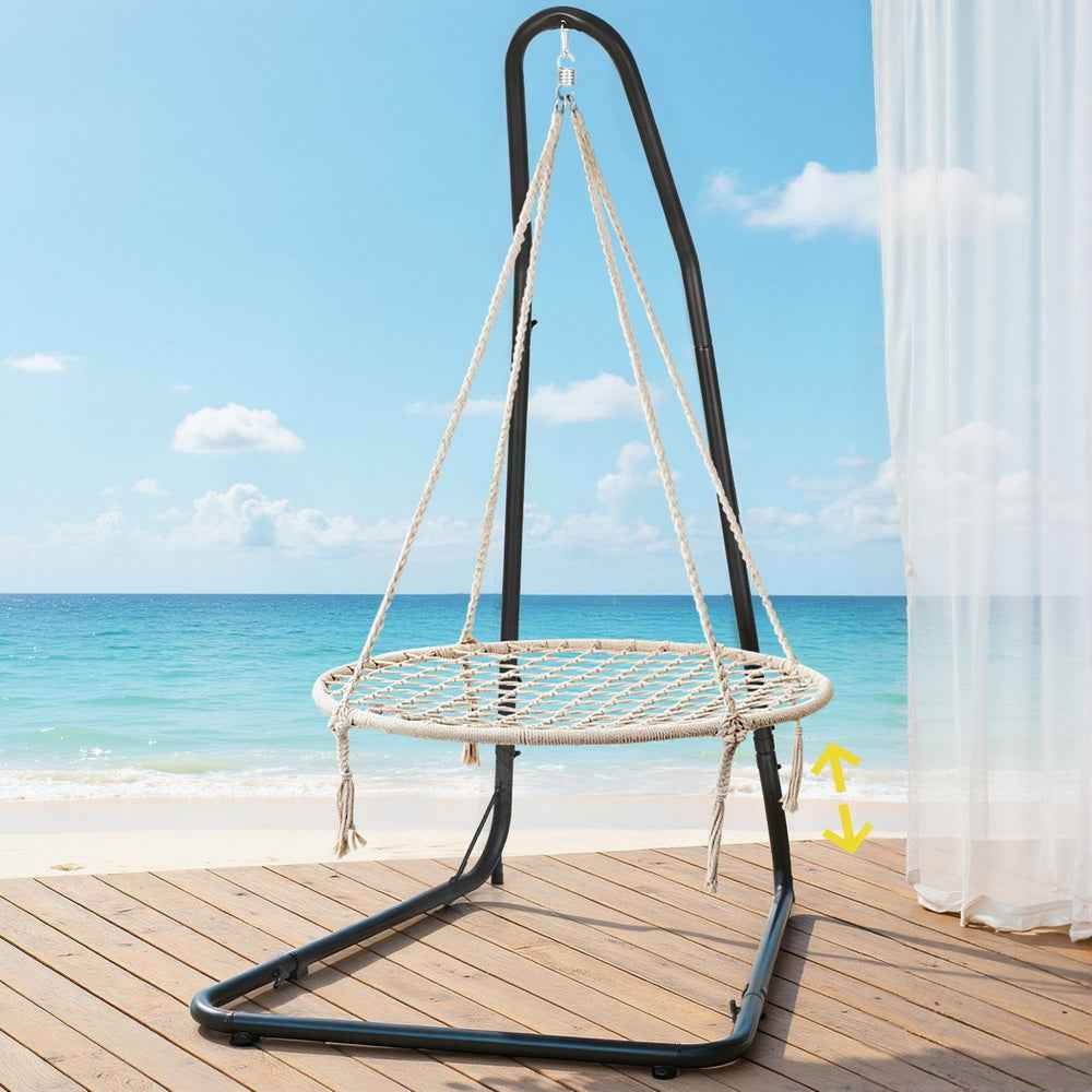 Hanging hammock chair with black steel stand and round rope seat