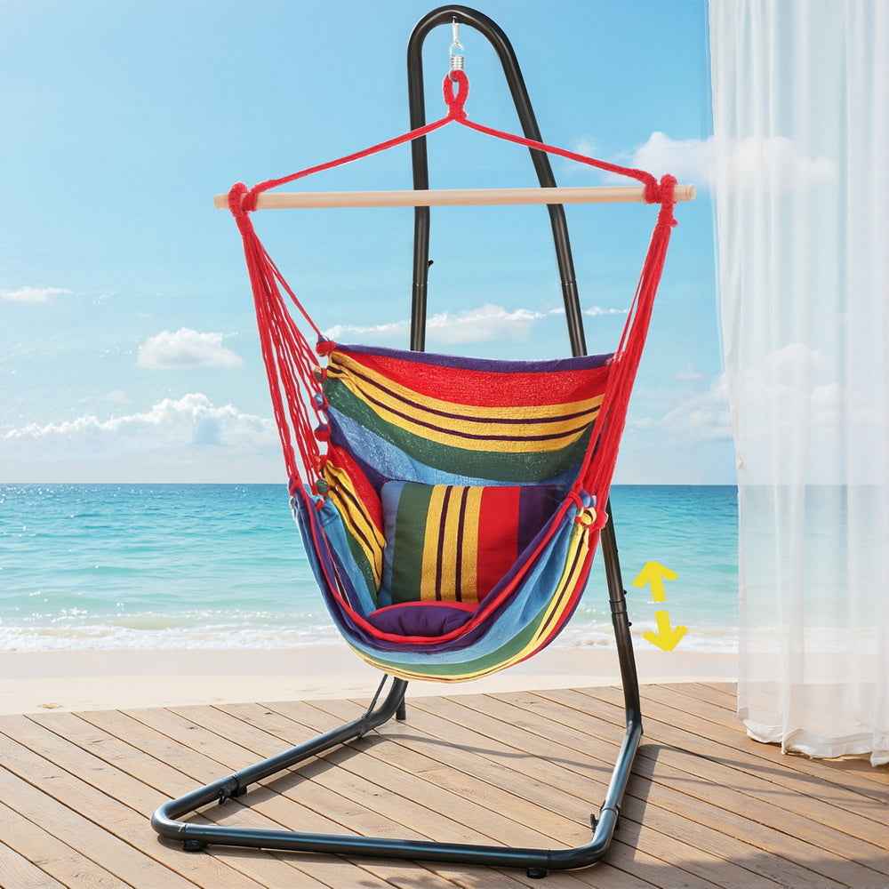 Hammock chair with colorful striped hammock and red hanging ropes on black steel stand