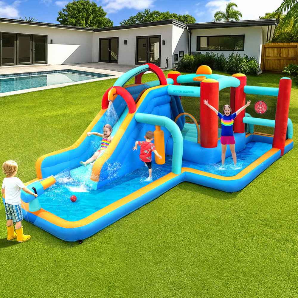 Kids inflatable water slide splash pool with blue slide, red pillars, and splash pool